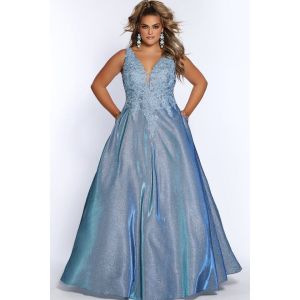 curvy plus size sexy blue shimmer prom dress with tank straps and a-line skirt near me lace design on top