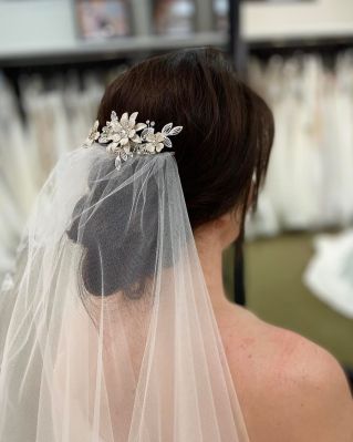 EnVogue Bridals headpiece, Belaire Bridal Veil Modeled at Emmy's Bridal, Minster, OH