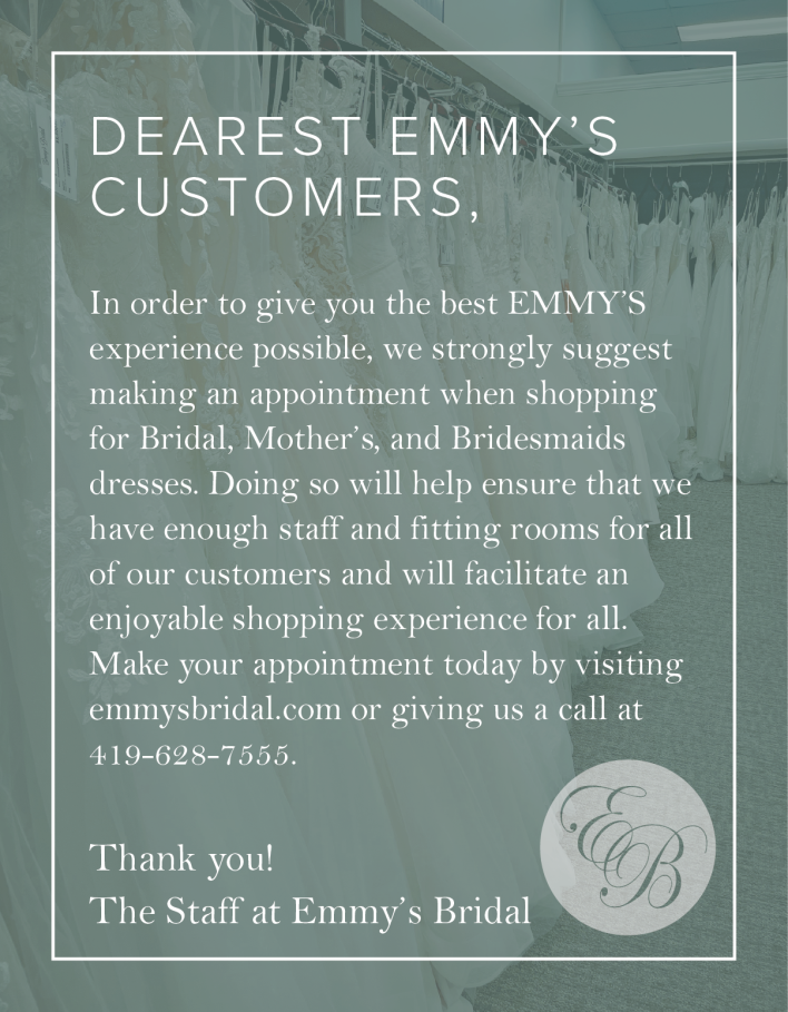 make an appoinment to find your wedding, mothers or prom dress  at Emmy's Bridal, Minster, OH