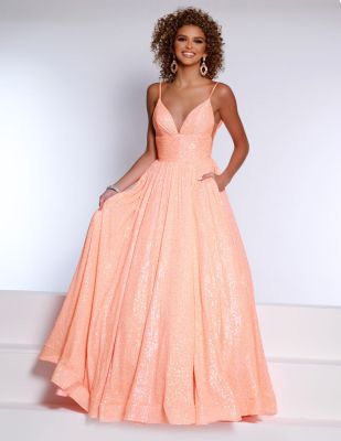 2 Cute peach sequin a-line prom ball gown, spaghetti strap, v neckline, inset waistline. figure flattering prom gown.