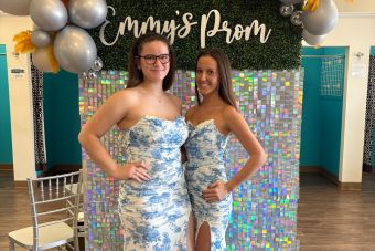 trendy blue and white ruched sheath floral and sequin prom dress looks for less only at Emmy's Bridal 2026