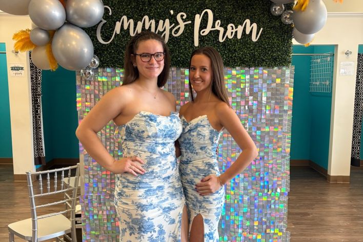trendy blue and white ruched sheath floral and sequin prom dress looks for less only at Emmy's Bridal 2026