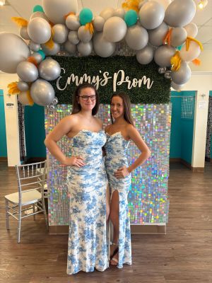 Envy by Emmy's unique prom dress gold floral pattern on black netting a-line ball gown deep v front and back