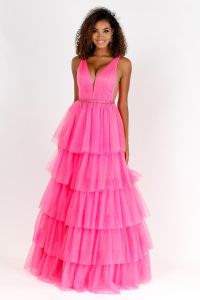Vienna hot bright pink tiered glitter net V neck tank top beaded waistline sexy unique prom dress near me