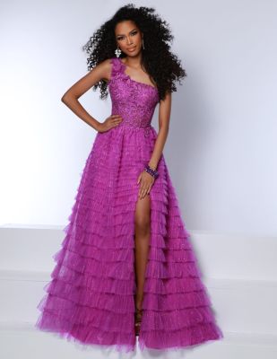 magenta 2 cute a-line prom dress layered glitter net ruffled skirt high sexy slit one shoulder sheer bodice