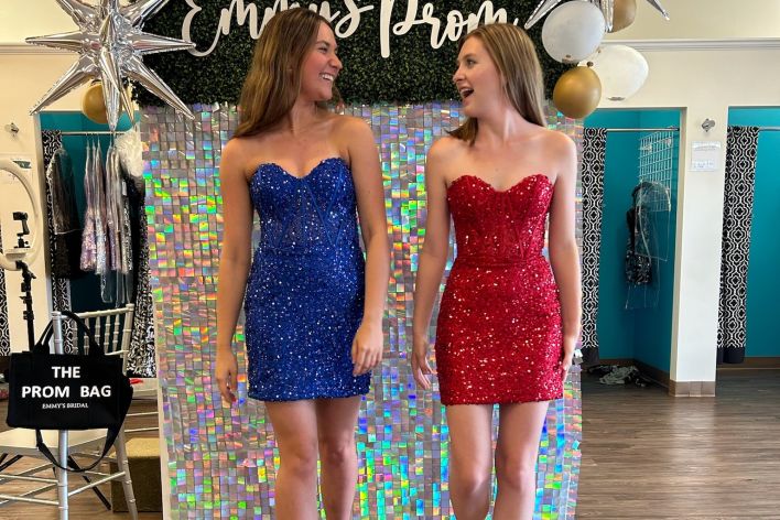 Emmys bridal near you homecoming 2024 dress near you royal blue red short sequin dress corsette top unique HOCO