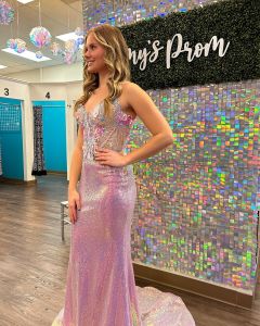 Kate in Portia and Scarlett sequined prom dress sexy and unique with lace appliques