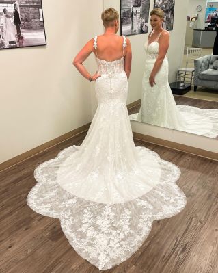 Camille by Mori Lee, style 2379, pictured without detachable over train, Emmy's Bridal, floral lace straps, corsette top