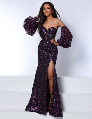 2 Cute sexy prom dress fitted black with front slit sweetheart bodice detached pouf sleeves purple floral glitter design