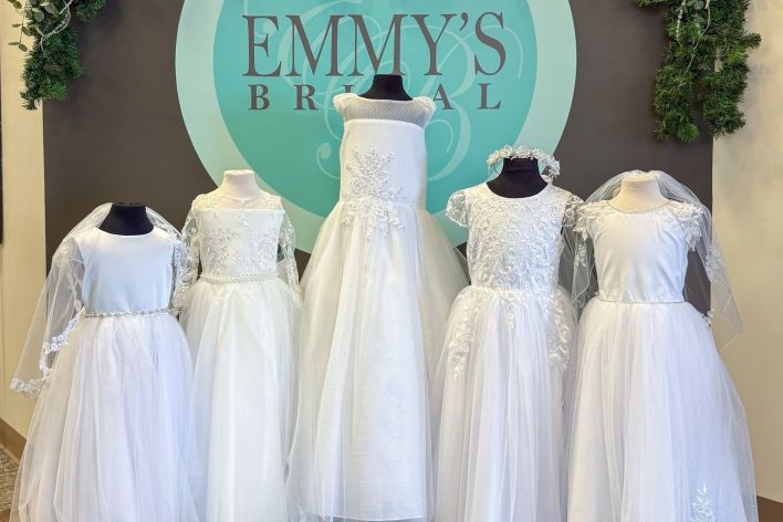 white little girl's dresses perfect for First Communion or Flowergirl special order sizes, purchase from stock same day