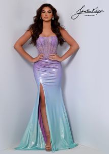 Johnathan Kayne 2648 moonlight strapless prom dress with exposed boning and sexy slit. Be the it girl