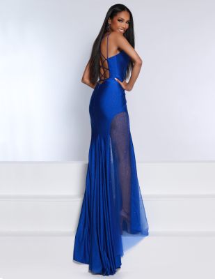 2 Cute royal blue sheer skirt lace up back spaghetti strap sexy prom dress