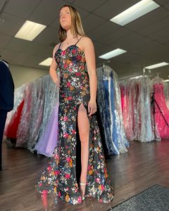 Vienna prom dress 2024 unique black and bright floral sequin pattern lace up back sexy thigh high slit lace up back