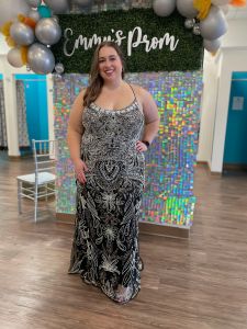 Vienna prom dress 2024 unique black and bright floral sequin pattern lace up back sexy thigh high slit lace up back