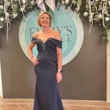 off the shoulder fit and flare MGNY Mother's dress