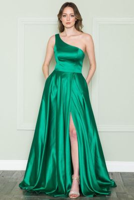 Envy Prom by Emmy's Prom edgy emerald green satin cold shoulder one shoulder prom dress with full skirt and hidden slit in front