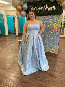 royal blue bustier style prom dress with off the shoulder drapes, front slit sweetheart bodice curvy plus size it girl