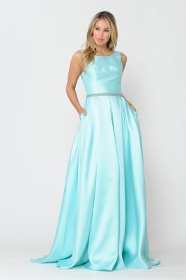 Envy Prom by Emmy's Prom mint green modest prom dress with high neckline in front and a-line ballgown skirt. beaded belt attached