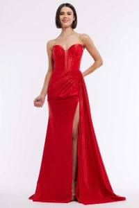 sexy red Vienna prom dress with thigh high slit and bustier top near me