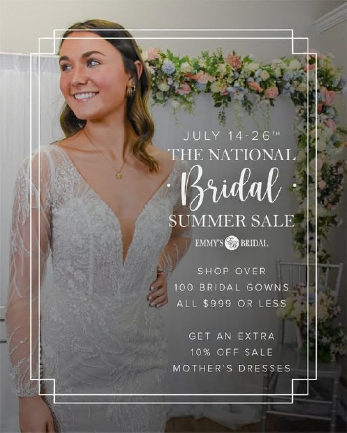 National Bridal Sale Emmy's Bridal July 14-26, 2025.Cheap wedding dresses near you. designer wedding gown in Minster, OH
