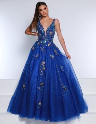2 Cute royal blue tank strap v-neck prom dress, tulle ballgown skirt with gold floral accents