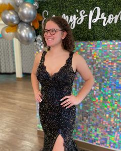 2680 J Kayne Unique sequin mesh over black stretch velvet gown. Thigh high slit, crossover halter sexy  prom dress