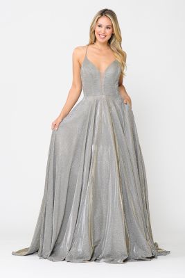 Envy Prom by Emmy's Prom  gold silver glitter a-line prom ball gown. glimmer fabric, v-neck line