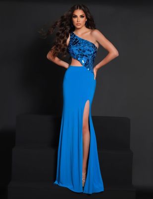 2 Cute royal Blue cold shoulder side cutout prom dress with cut glass beading on bodice. fitted jersey skirt with sexy thigh slit