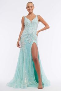 aqua Vienna Prom sexy dress with front slit v neckline thin straps unique beaded pattern near you