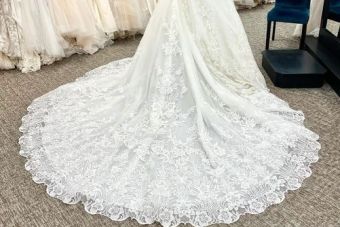 Abella ballgown with mikado bodice and full lace skirt, sweeping lace train. Abella E255 by Allure at Emmy's Bridal