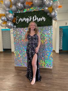 Navy Vienna sweetheart bodice fitted prom dress with unique beaded floral pattern and detachable train near me