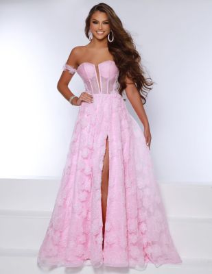 2 cute pink a-line ball gown floral fabric, shoulder drapes, sheer bodice, front slit