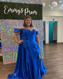 royal blue bustier style prom dress with off the shoulder drapes, front slit sweetheart bodice curvy plus size it girl