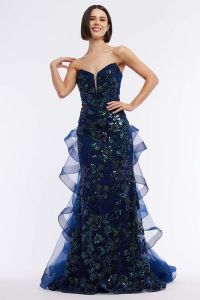 Navy Vienna sweetheart bodice fitted prom dress with unique beaded floral pattern and detachable train near me