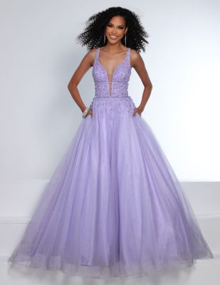 2 Cute lilac tank strap a-line ballgown, plunging neckline sheer bodice sexy prom gown