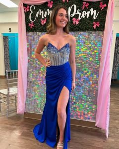 Portia and Scarlett PS24050X NAVY jersey plunging neckline high slit sexy prom dress unique exclusive