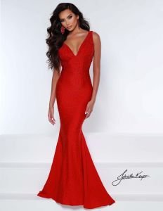 Johnathan Kayne 9213, elegant 4 way stretch lycra gown sexy neckline coral aqua prom dress, crystal accents