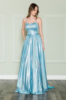 Envy Prom by Emmy's Prom blue glitter tank strap a-line ballgown prom dress with self belt at natural waist