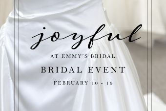 Joyful bridal gown event featuring luxury fabric & classic design. Private wedding dress collection only at Emmys Bridal