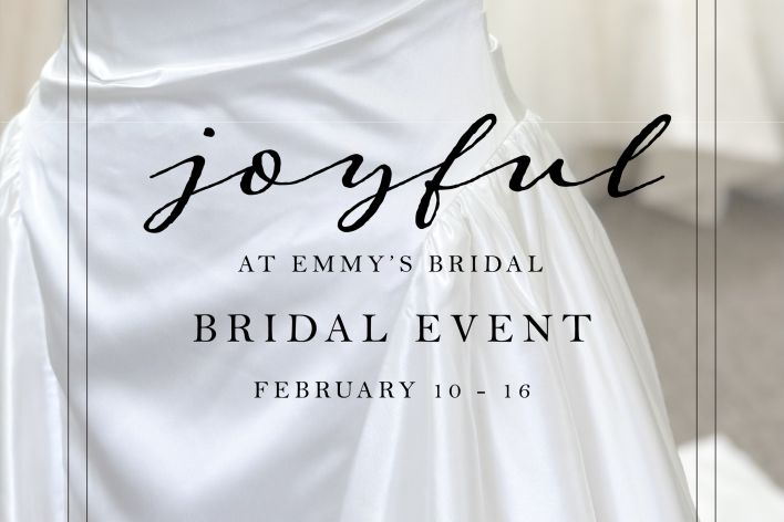 Joyful bridal gown event featuring luxury fabric & classic design. Private wedding dress collection only at Emmys Bridal