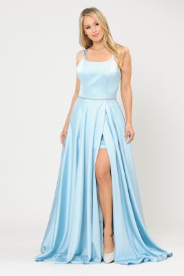 Envy Prom by Emmy's Prom satin a-line ball gown with sexy hidden slit, spaghetti straps, light blue or rose gold prom dress
