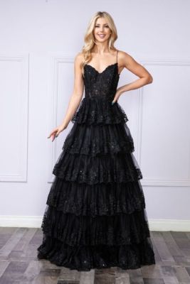 Envy by Emmy's black tiered ruffle net prom dress 2024 spaghetti strap v-neck a-line ballgown