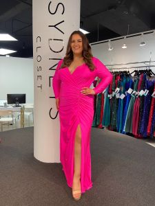 sydneys closet barbie pink long sleeve v neck sexy jersey plus size prom dress