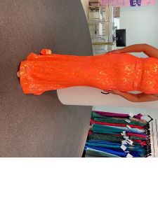 sexy slinky neon orange spaghetti strap scoop neck prom dress, sydney's closet