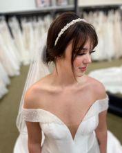 pearl headband, sheer veil, Mori Lee wedding Dress