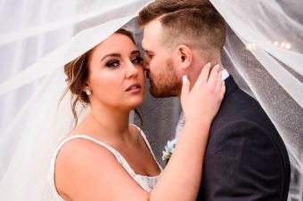 Abella Luna wedding dress, cathedral veil, charcoal tuxedo available at Emmy's Bridal