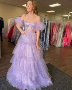 Venna lilac purple glitter tulle tiered net ruffled skirt with bustier top, detached sleeve sexy unique prom dress 2024