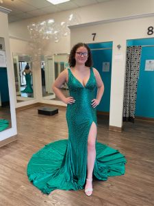 JohnathaN kAYNE 2692 SHORT PUFF SLEEVES DEEP V NEXK BEADED WAIST ALINE BALLGOWN PROM DRESS