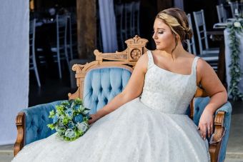 Luna by Allure Bridals wedding dress with overall glitter leaf pattern. unique looking square neck ball gown