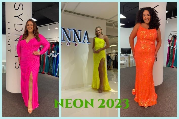 Vienna Prom Yellow and Sydney's closet hot pink and orange prom 2023 dresses, Neon Trend
